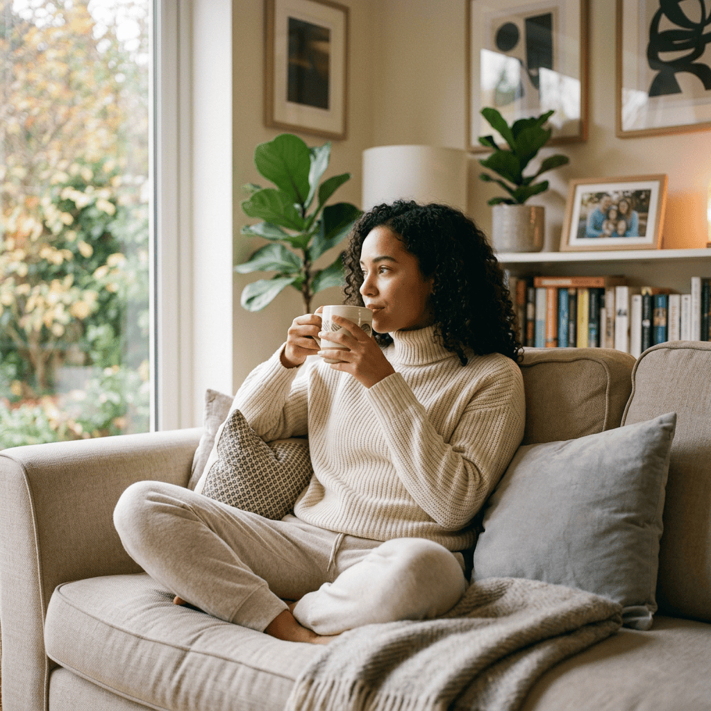 Woman sitting cross-legged on a sofa and drinking from a mug